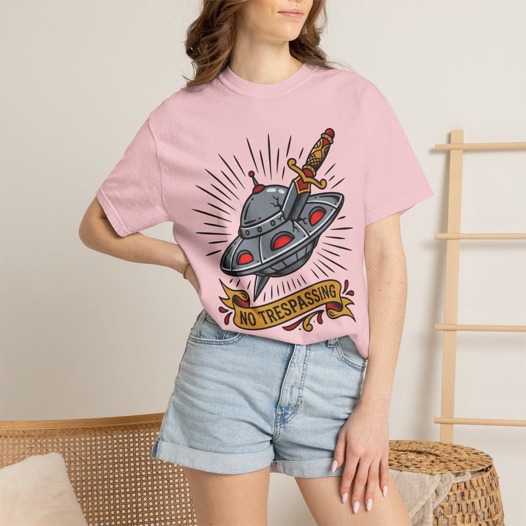 Pink T-shirt with retro UFO dagger graphic and “NO TRESPASSING” band