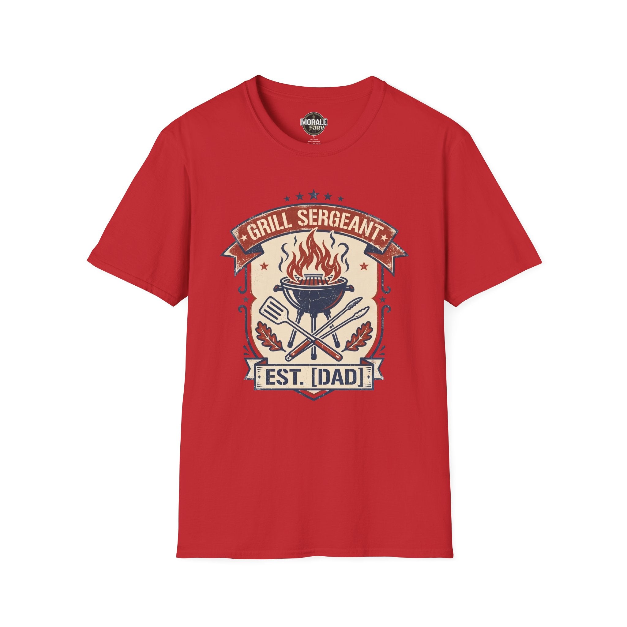 Red “Grill Sergeant EST. [Dad]” BBQ badge graphic T-shirt with flaming grill