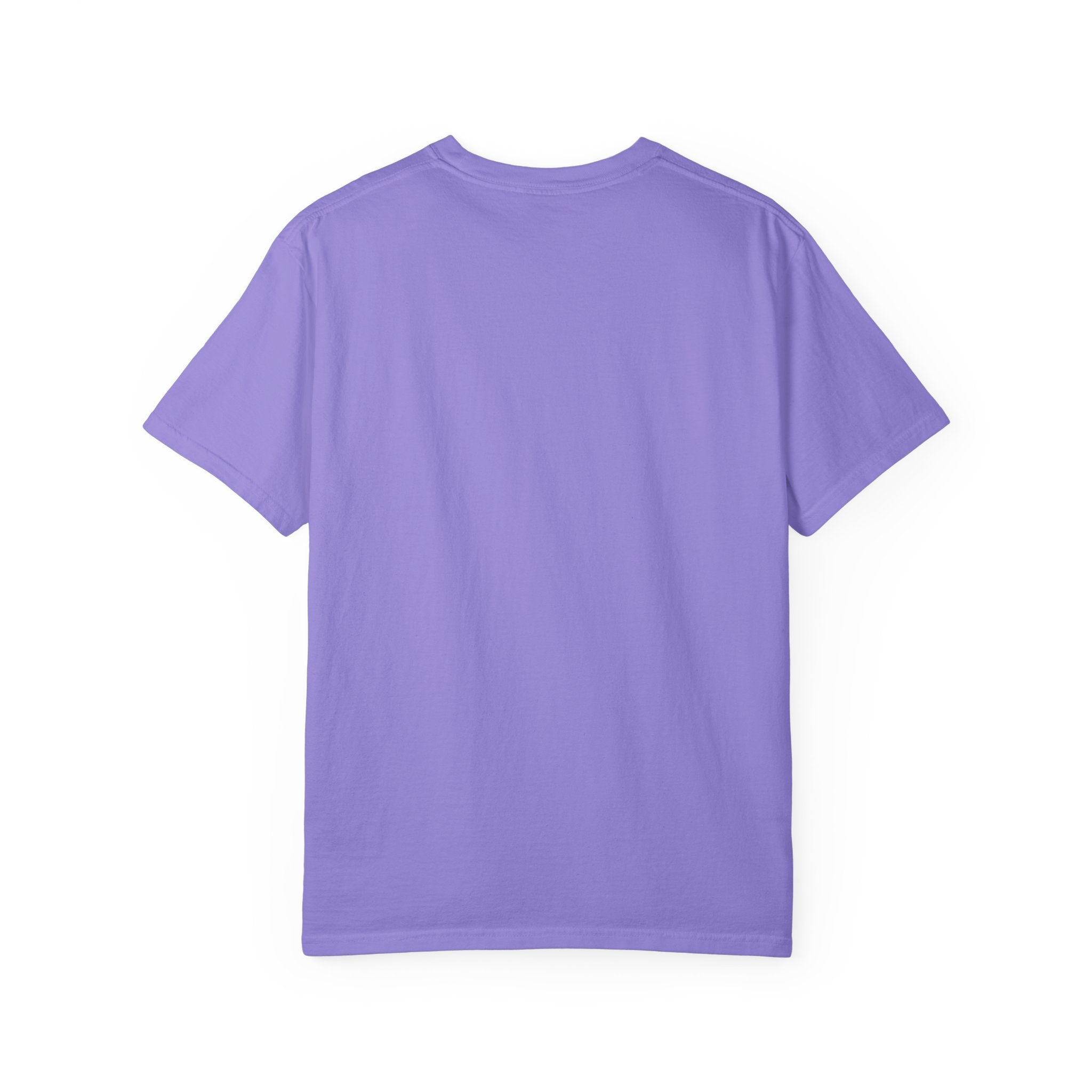 Violet crewneck T-shirt, short sleeves, plain front.