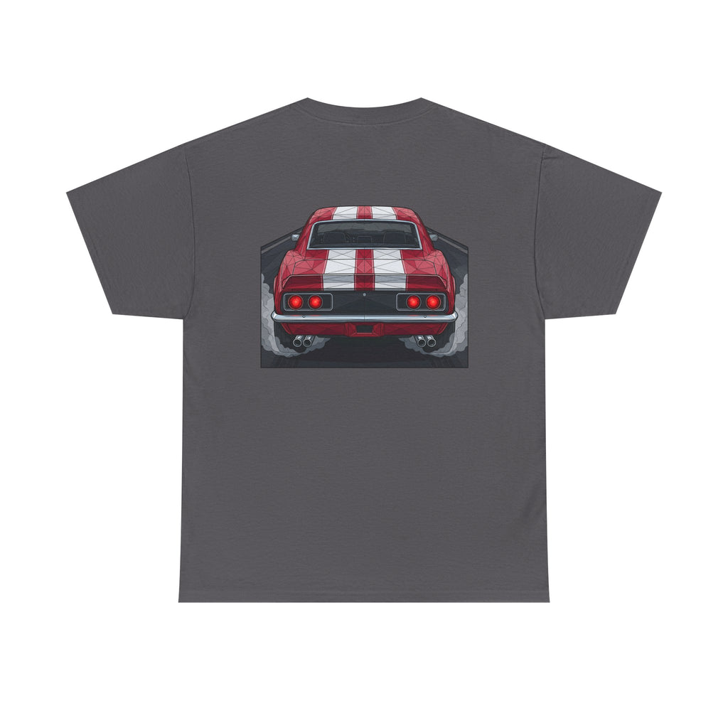 Charcoal T-shirt with vintage rear red muscle car graphic on the chest