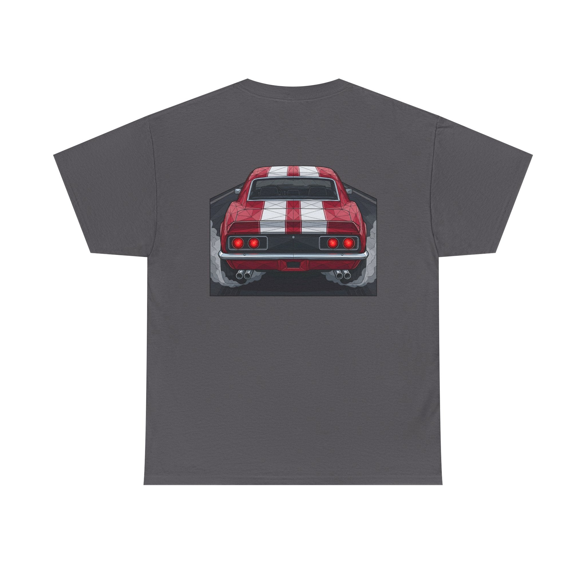 Charcoal T-shirt with vintage rear red muscle car graphic on the chest