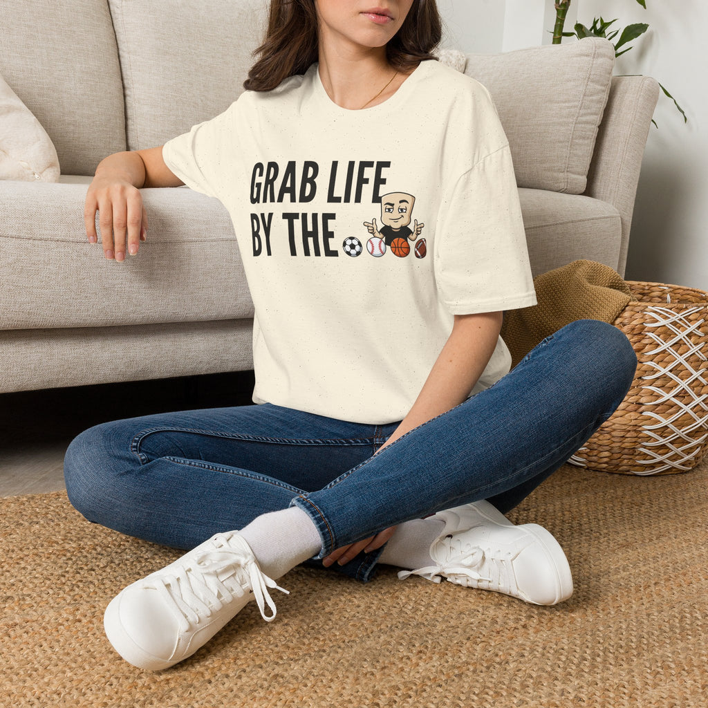 Off-white T-shirt with “GRAB LIFE BY THE” text and sports coach ball graphic