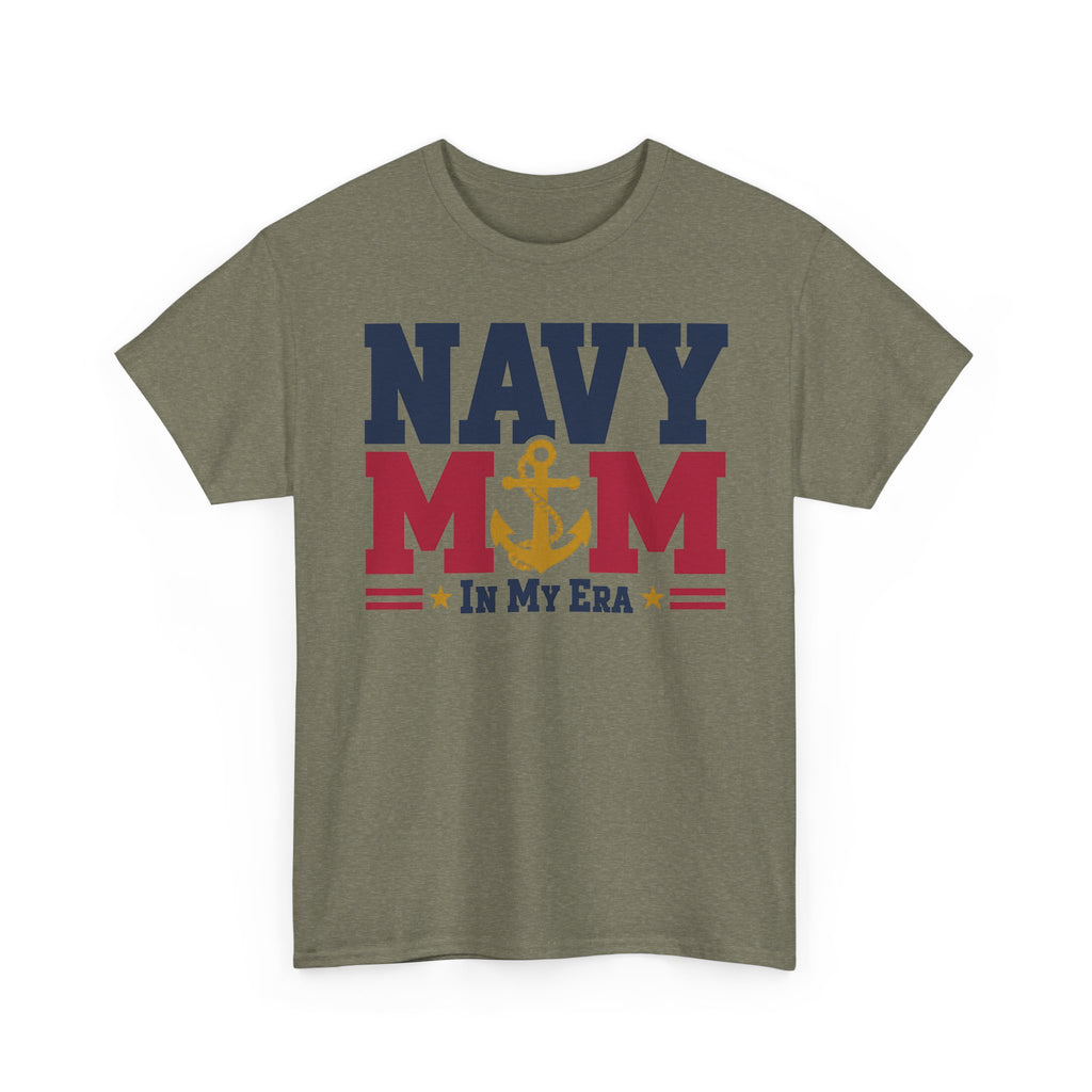 Olive T-shirt with NAVY MOM in my era patriotic anchor graphic