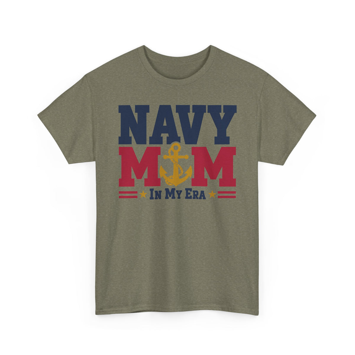 Olive T-shirt with NAVY MOM in my era patriotic anchor graphic