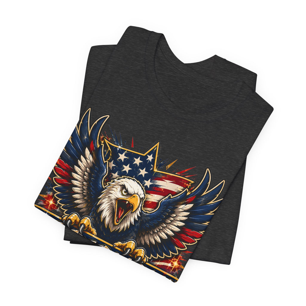 Black T-shirt with bald eagle and stars graphic on the chest