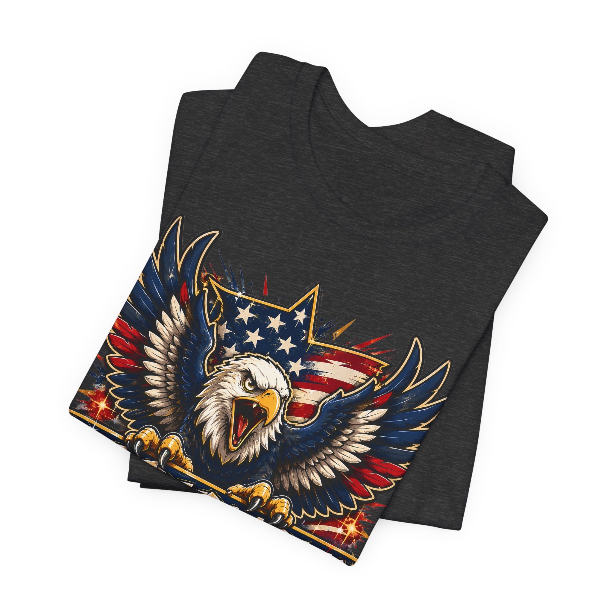 Black T-shirt with bald eagle and stars graphic on the chest