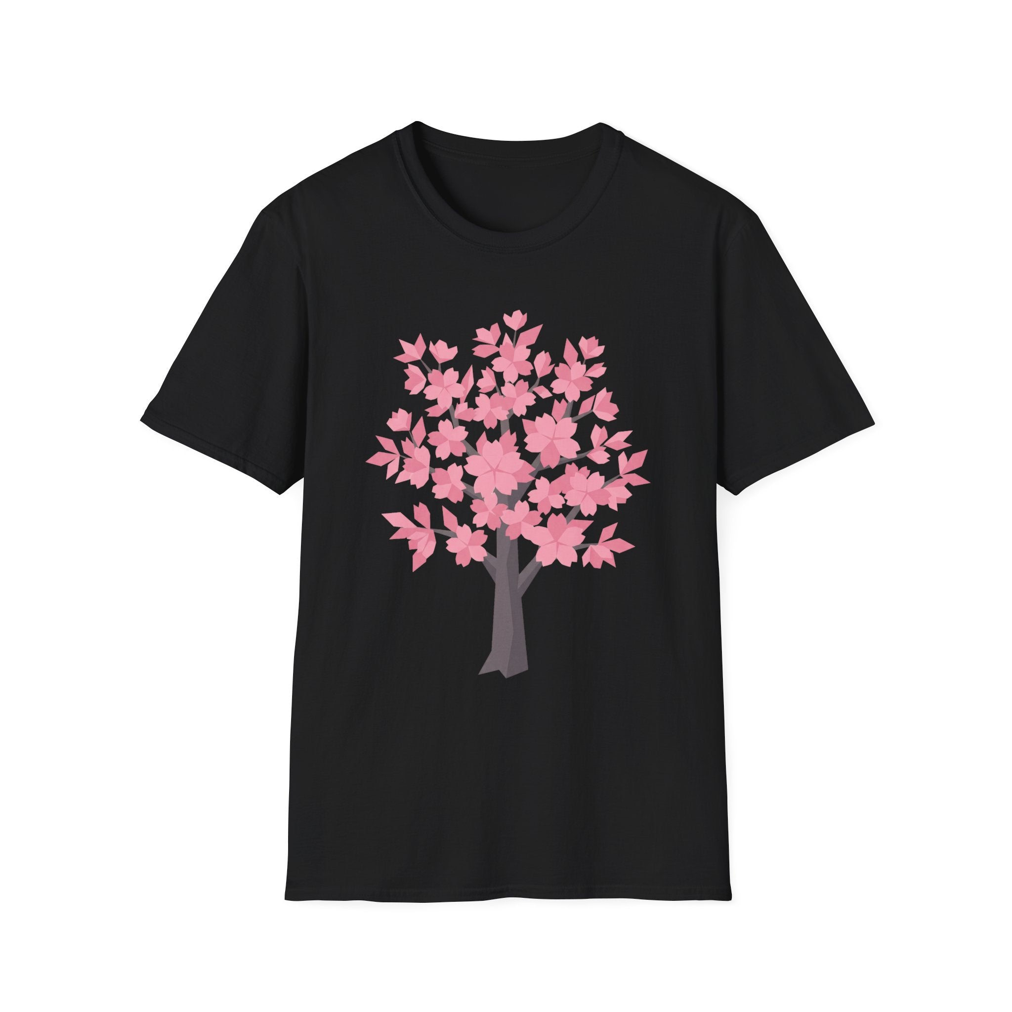 Cherry blossom tree T-shirt, pink floral design on black front
