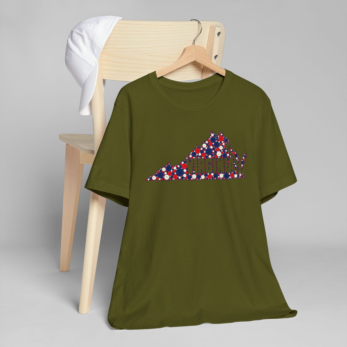 Olive green crew-neck t-shirt with blue-red Virginia map graphic print