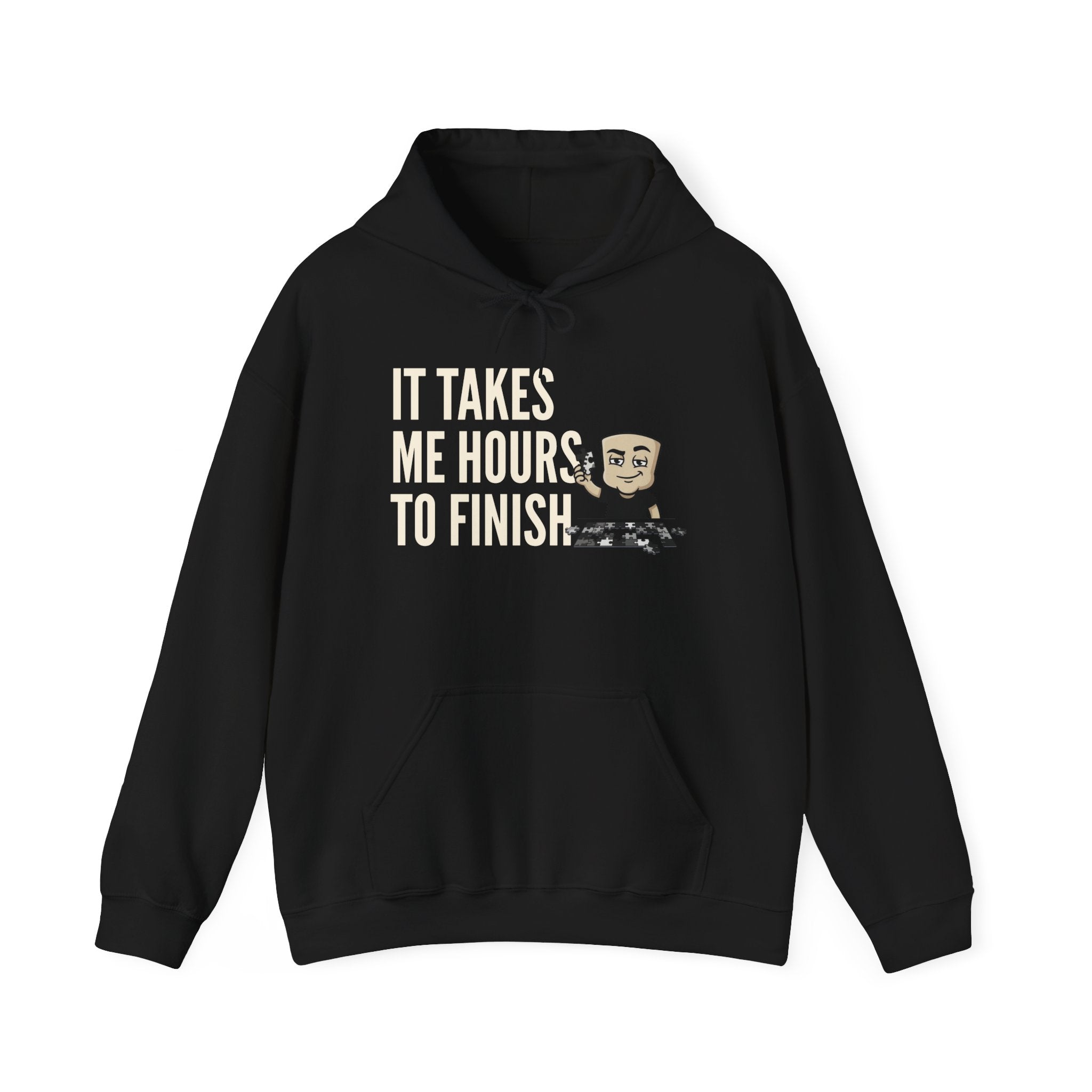 Black hoodie with “IT TAKES ME HOURS TO FINISH” chess graphic