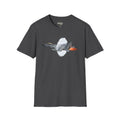 Dark heather T-shirt with fighter jet afterburner graphic and red-orange flame detail