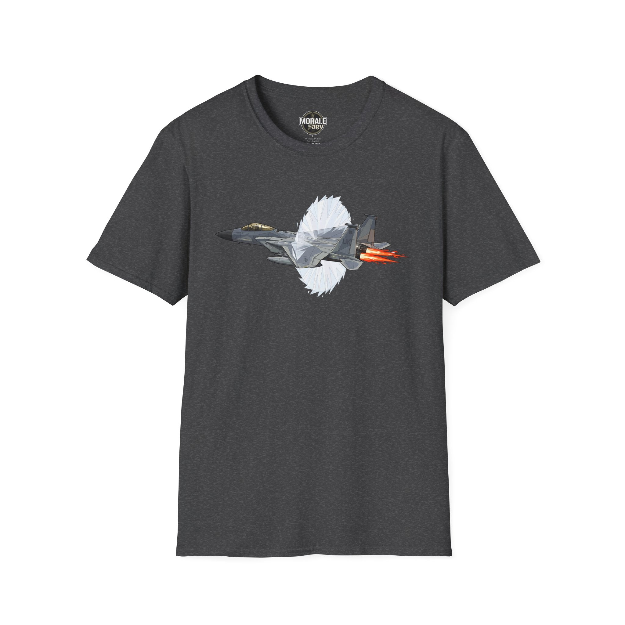 Dark heather T-shirt with fighter jet afterburner graphic and red-orange flame detail