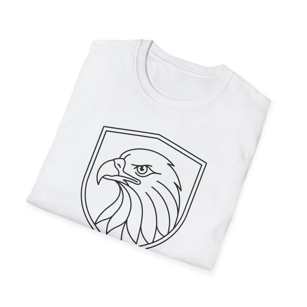 White t-shirt with front shield line-art bald eagle graphic