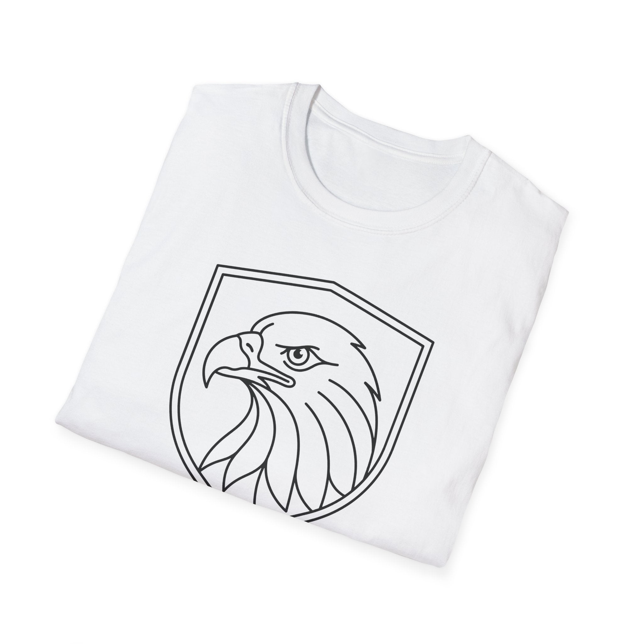 White t-shirt with front shield line-art bald eagle graphic