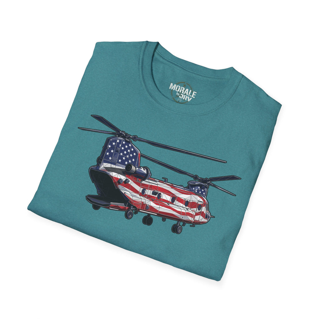 T-Shirt dunkelgrün mit Hubschrauber- und US-Flaggen-Grafik, Vorderansicht