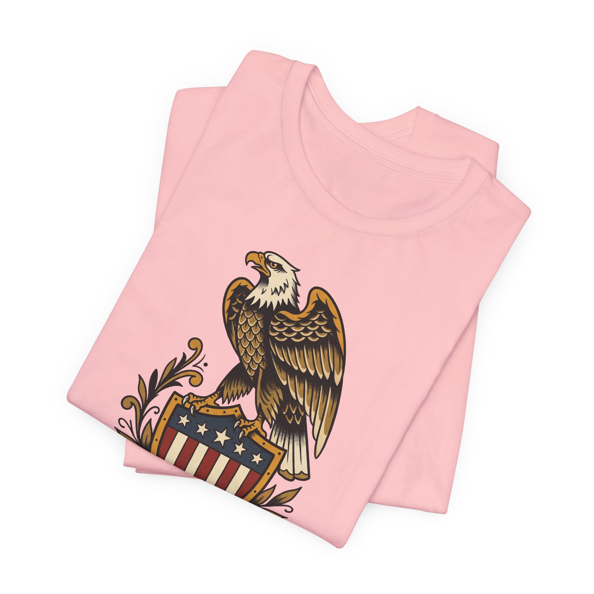 Pink T-shirt with vintage eagle and ribbon shield patriotic graphic