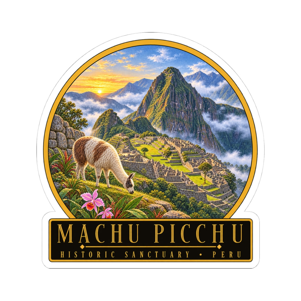 Machu Picchu vinyl decal featuring a llama on terraced ruins with “MACHU PICCHU Historic Sanctuary”.