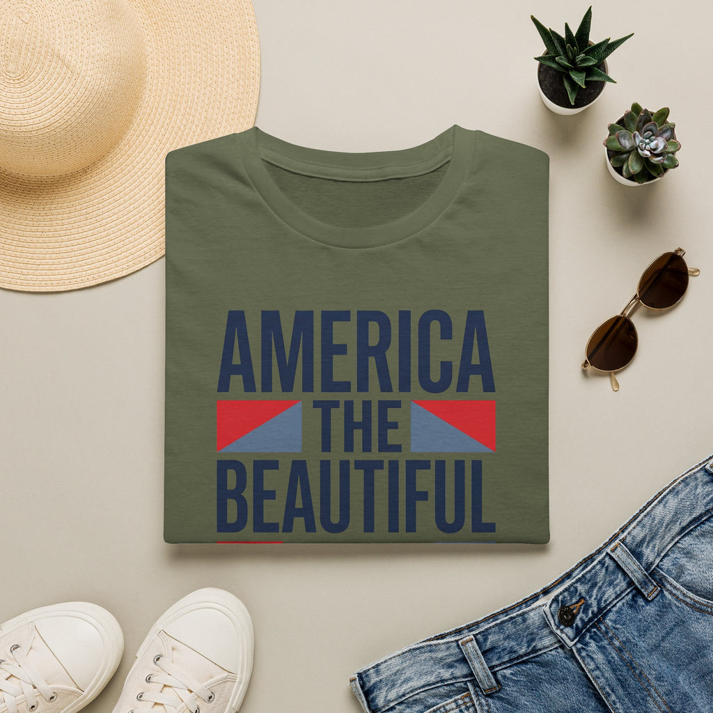 Military green T-shirt with “America the Beautiful” patriotic graphic on front