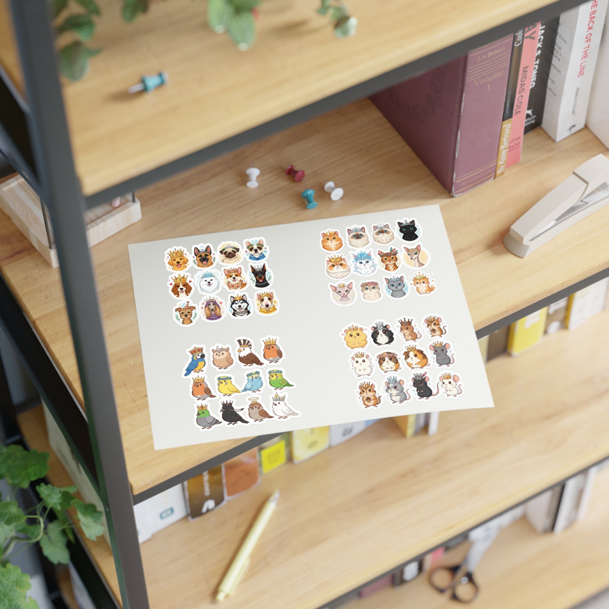 Royal Pets die-cut sticker sheets on wooden shelf, pet icons