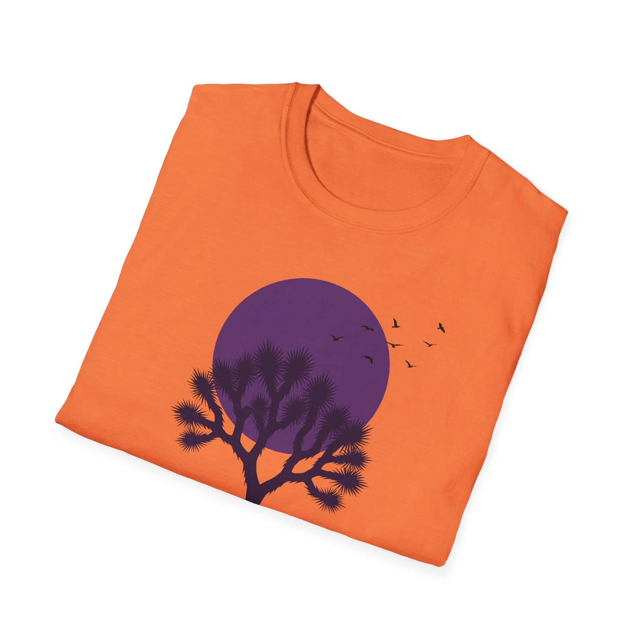 Heather Orange T-shirt with purple moon and Joshua tree silhouette graphic