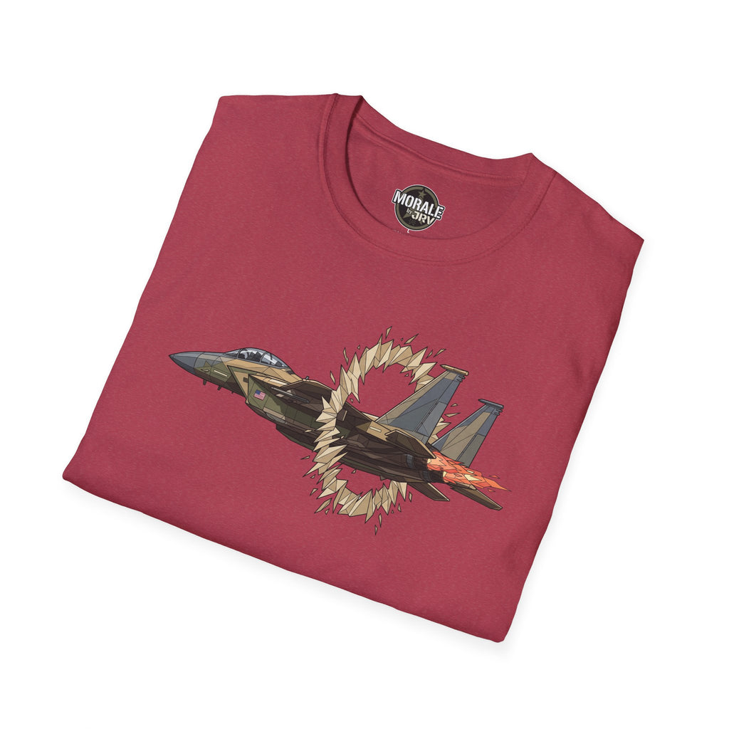 Maroon fighter jet T-shirt with ring-of-fire graphic on front