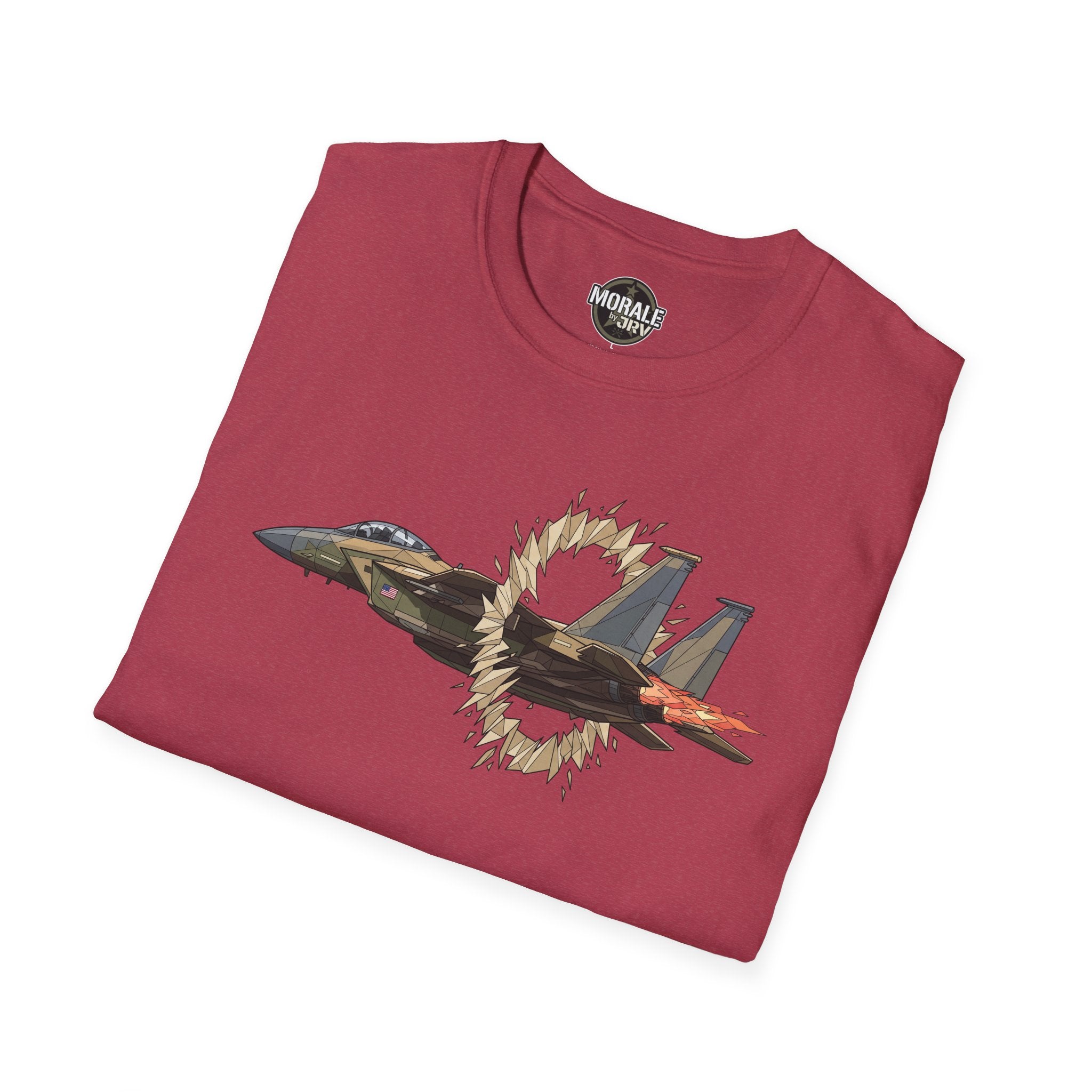 Maroon fighter jet T-shirt with ring-of-fire graphic on front