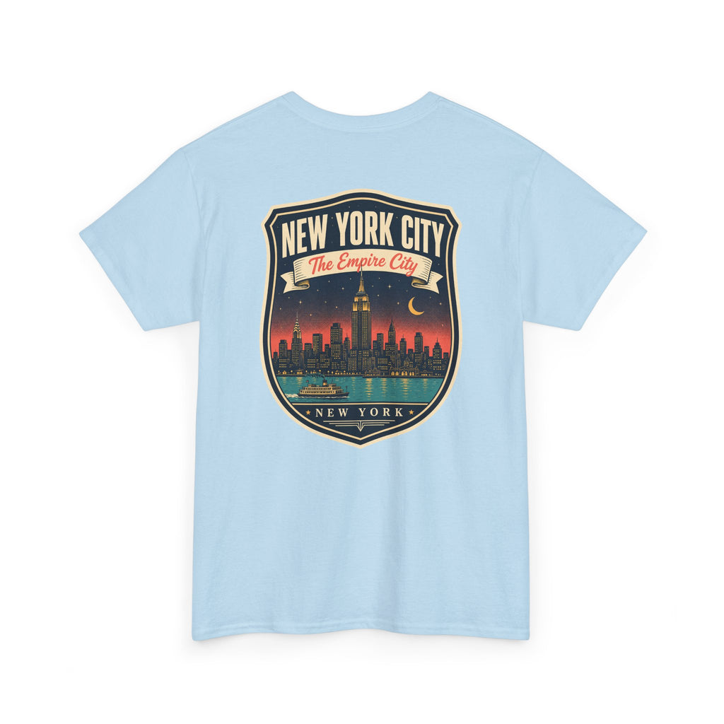 Light blue T-shirt with New York City skyline badge graphic