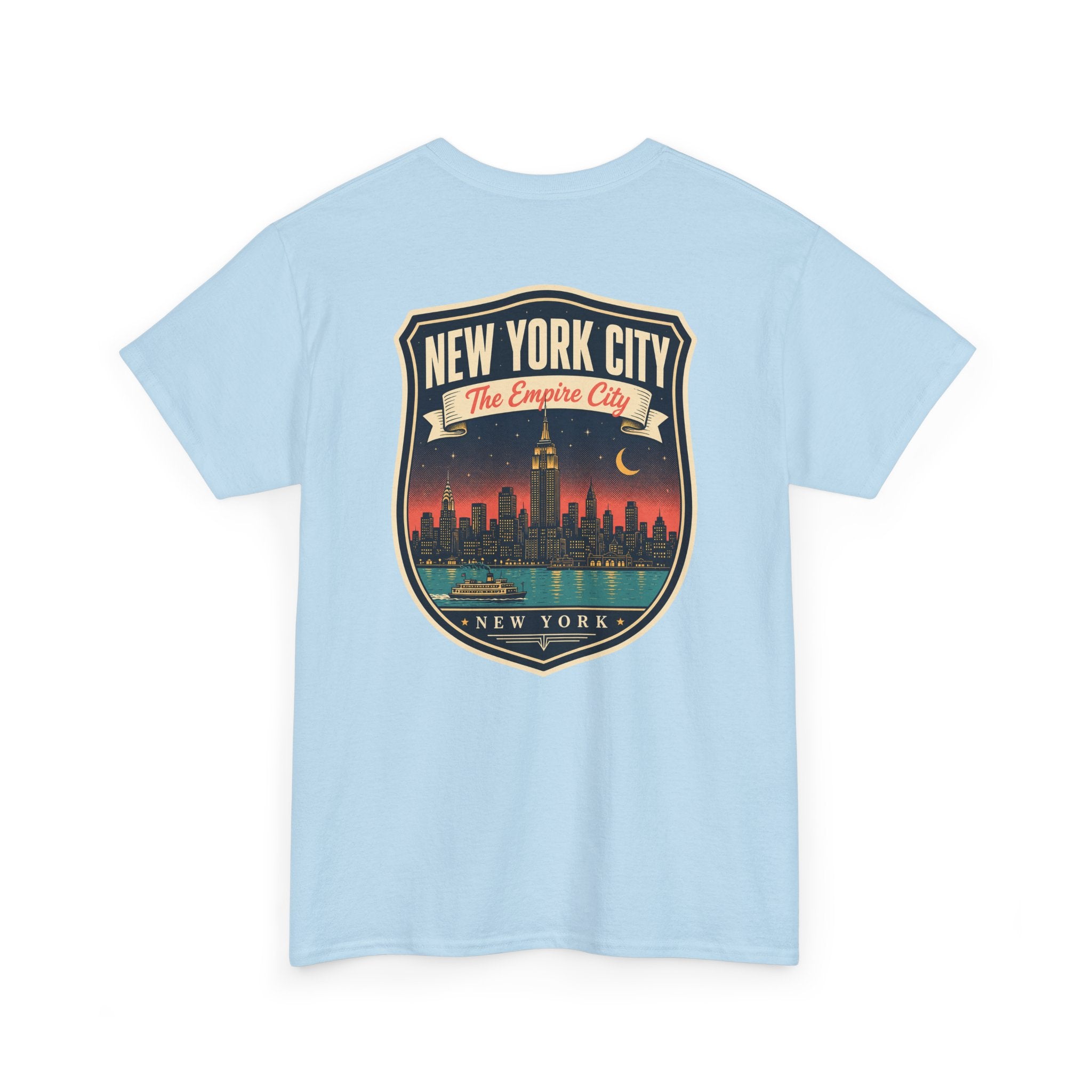 Light blue T-shirt with New York City skyline badge graphic