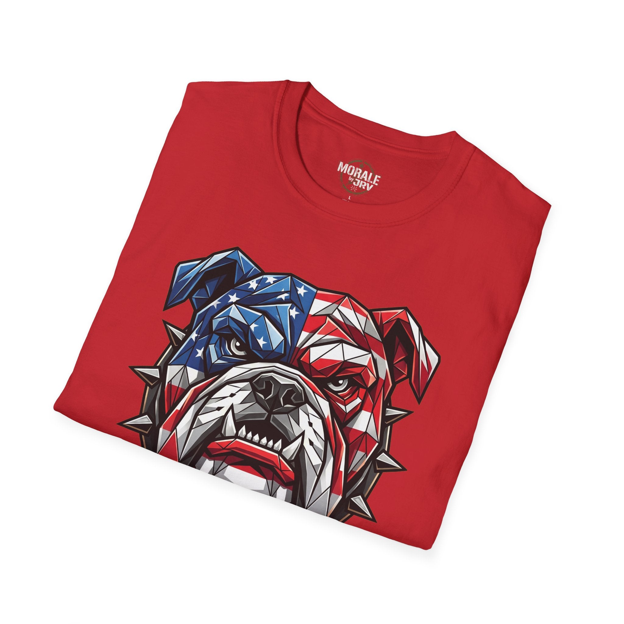 Red short-sleeve crew neck T-shirt with American flag bulldog graphic