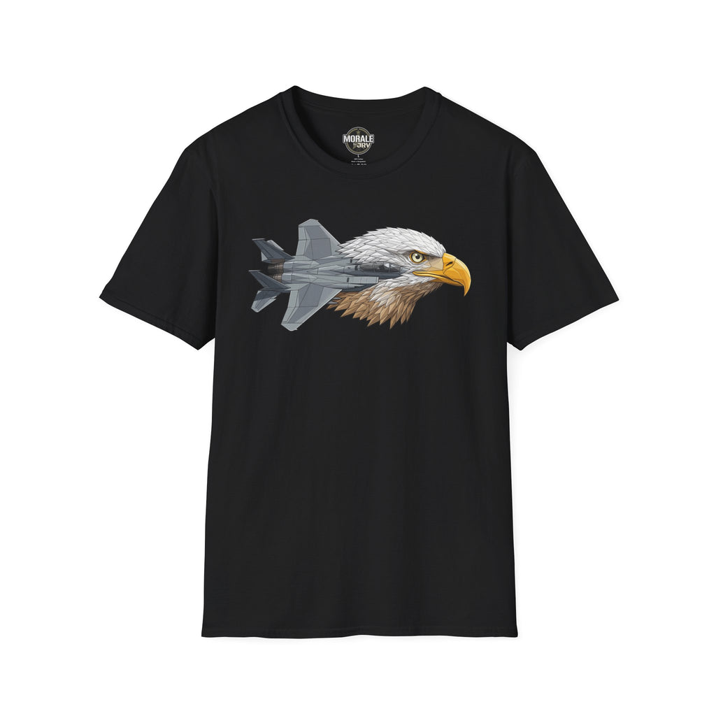 Black T-shirt with eagle head graphic flying with fighter jet body