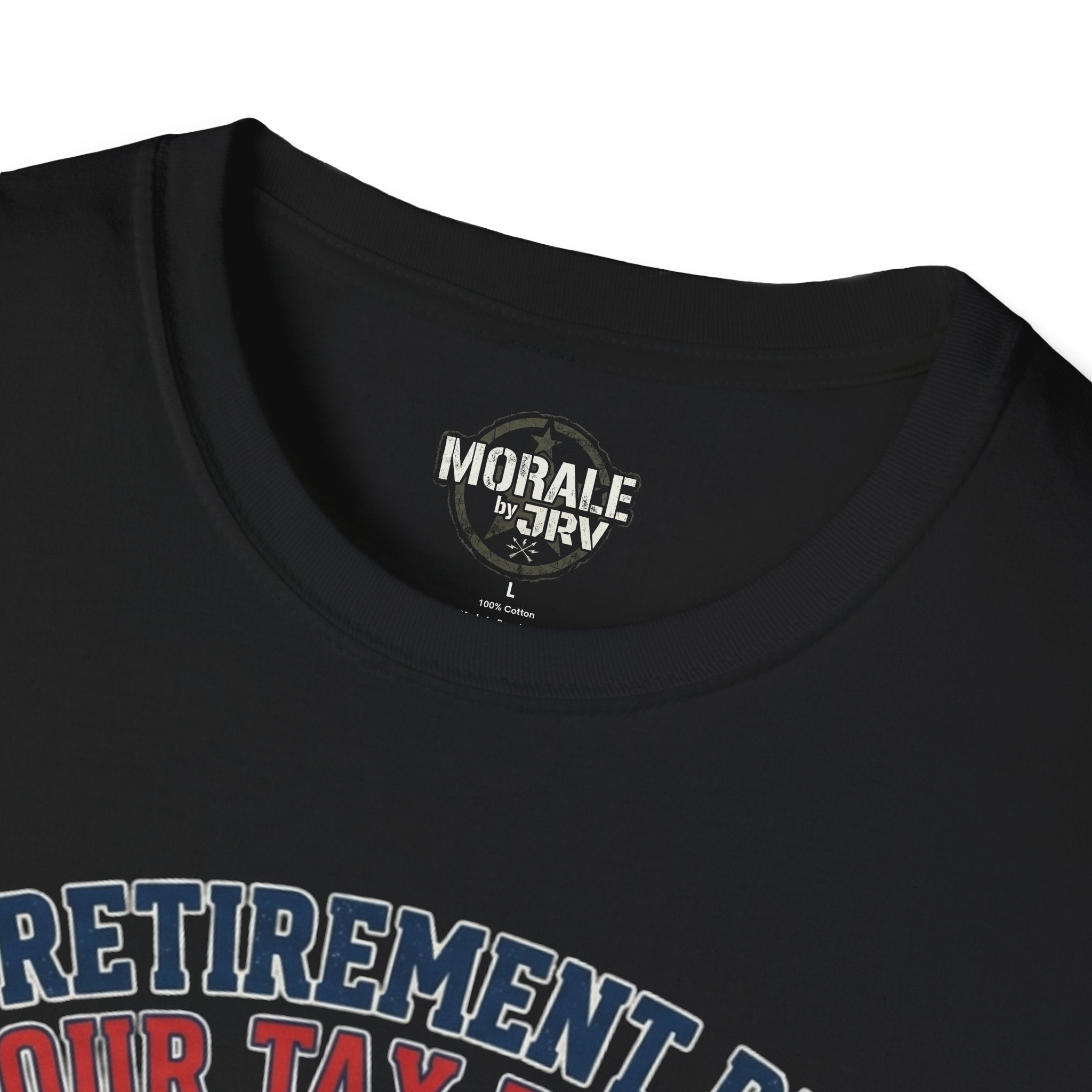 Black T-shirt close-up of neckline and collar label; partial “RETIREMENT PLAN” print