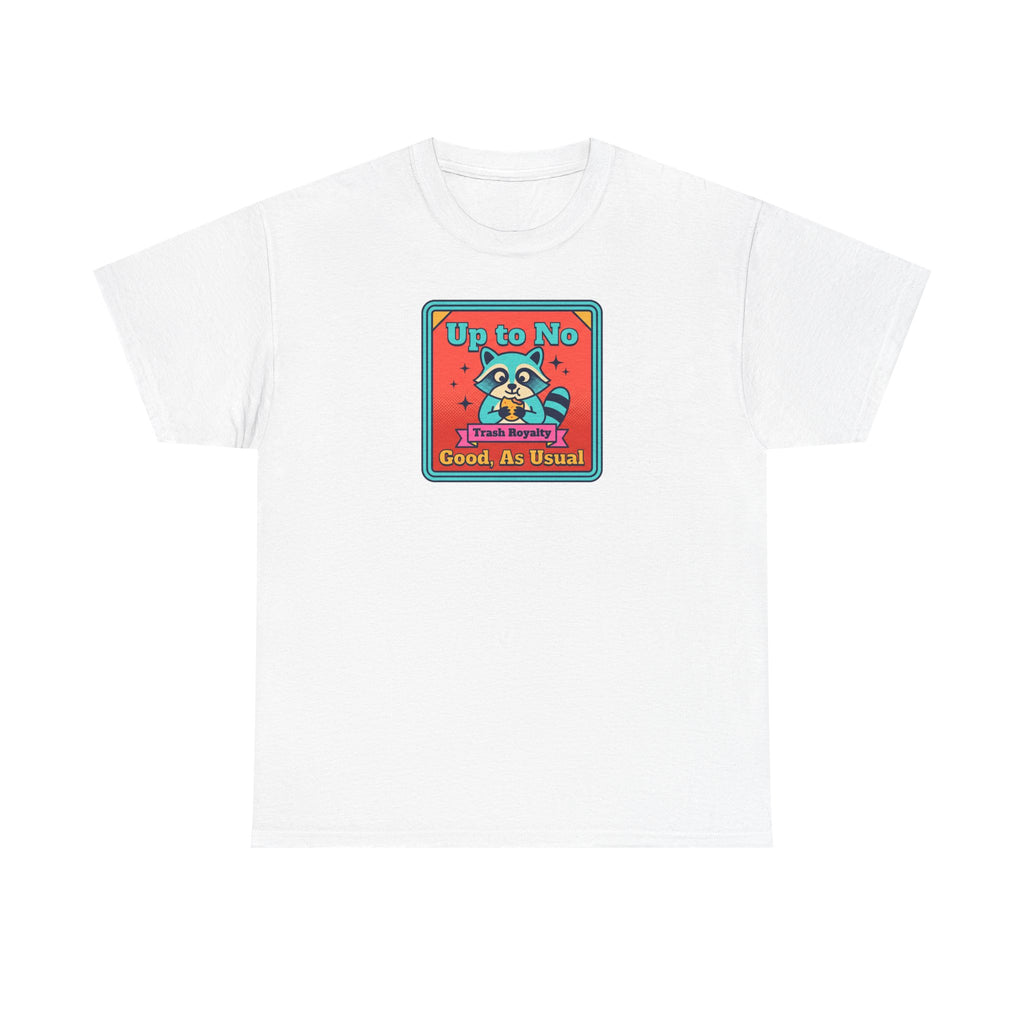 White T-shirt with small square raccoon graphic text “Up to No Good, As Usual”