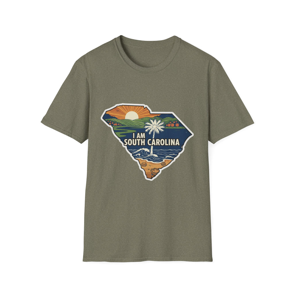 Military Green tee with South Carolina map logo and “I AM SOUTH CAROLINA”