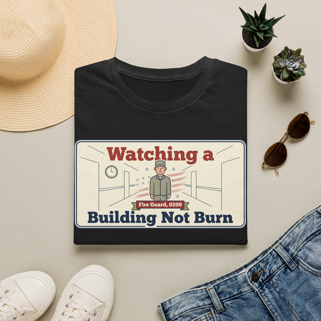 Black crewneck t-shirt with fire guard “Watching a Building Not Burn” graphic