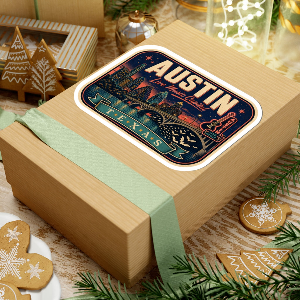 Austin luggage tag sticker on wrapped gift box, “AUSTIN” title with Texas ribbon