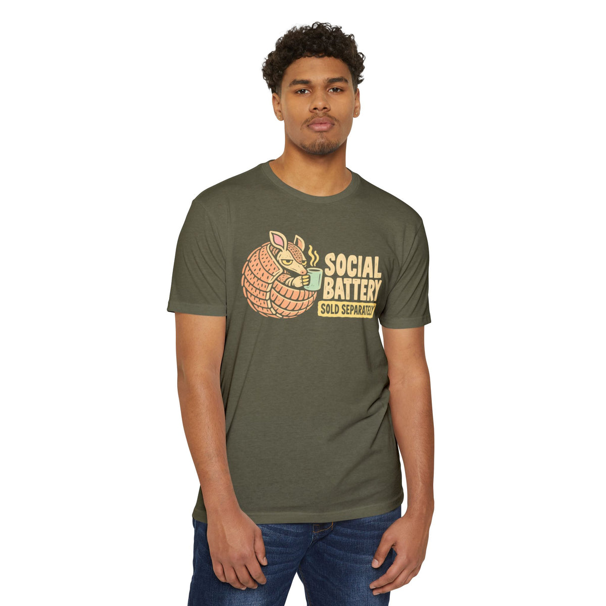 Olive green t-shirt with armadillo Social Battery graphic on chest