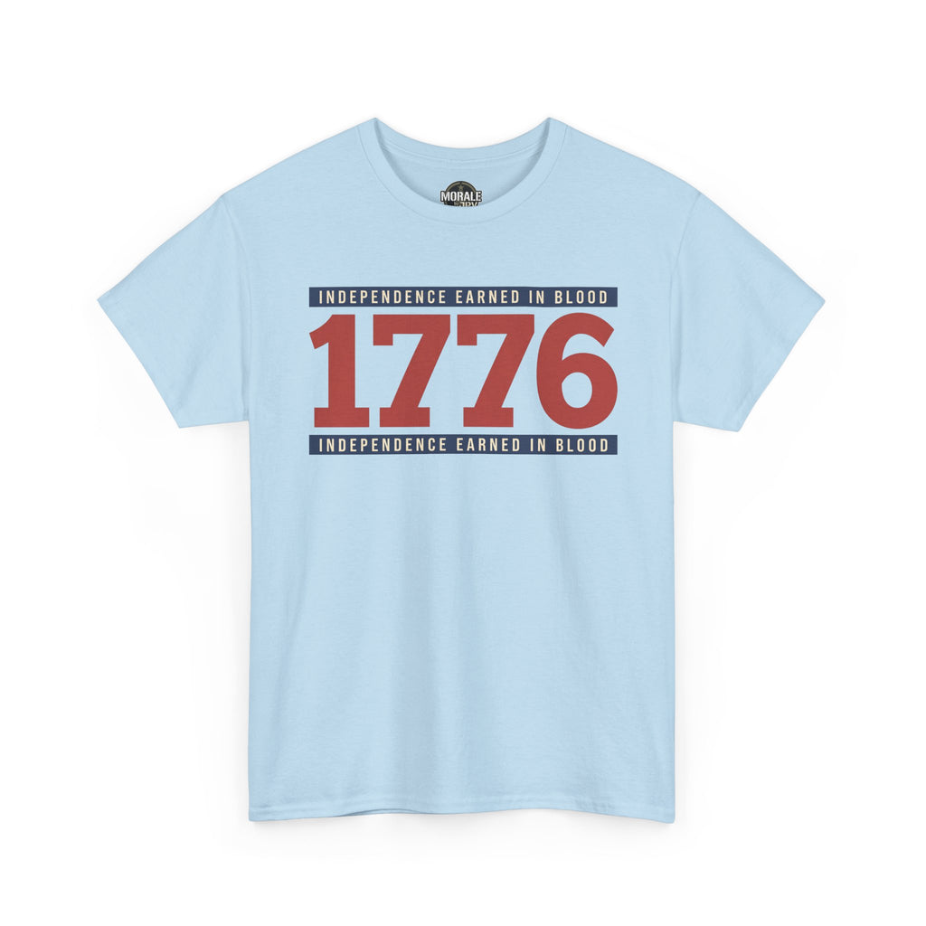 Light blue T-shirt with 1776 graphic and patriotic text on chest