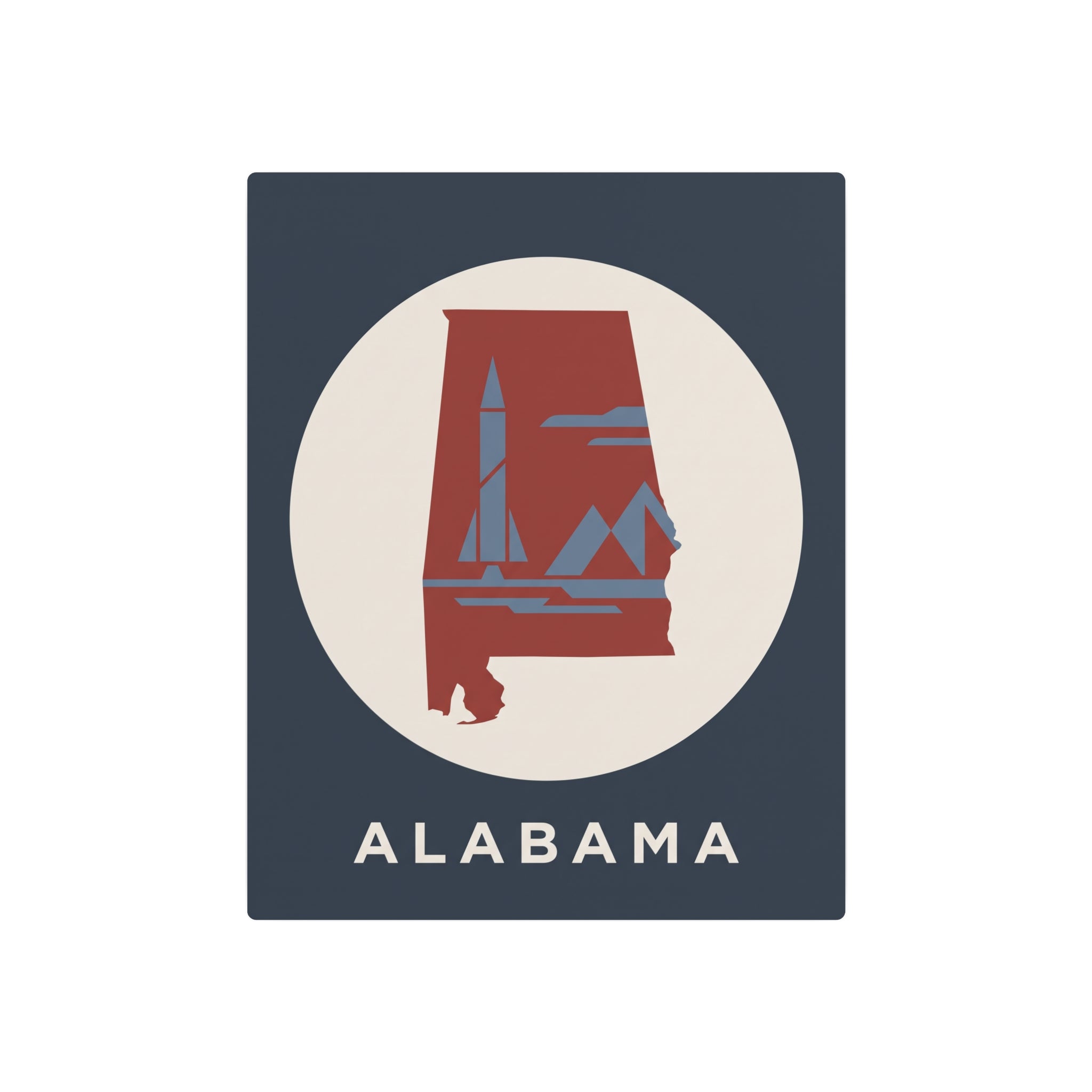 Alabama retro rocket metal wall sign, dark blue square with circular state logo and 'ALABAMA'