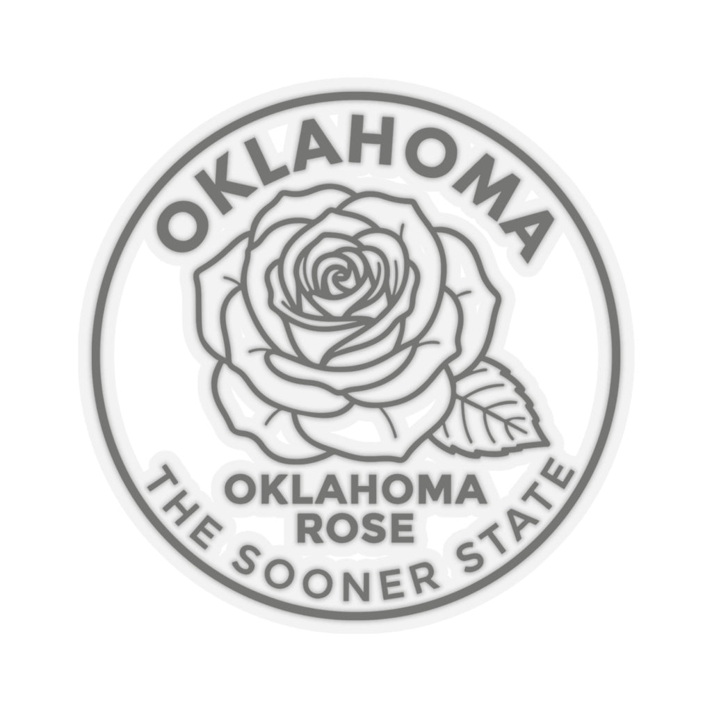 Transparent vinyl round Oklahoma rose decal with line-art rose, leaf, and slogan text ring