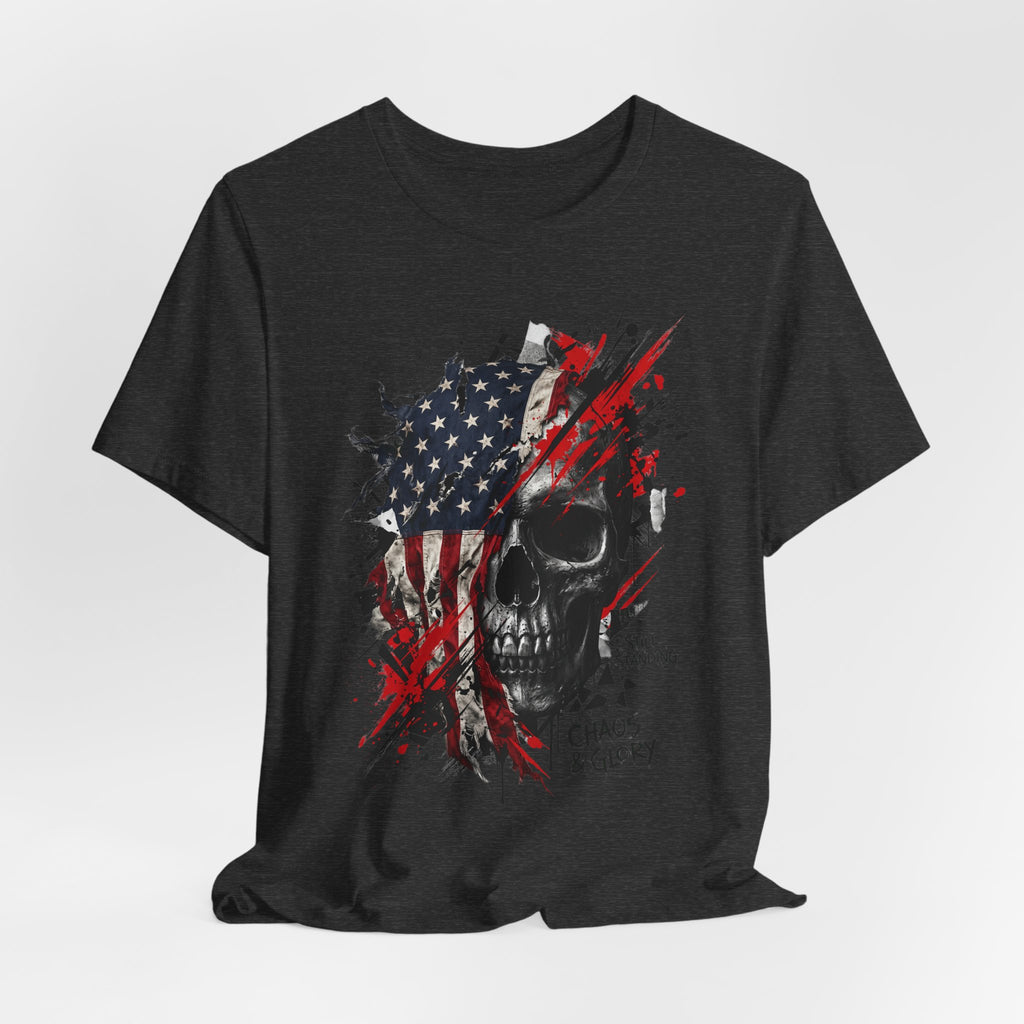Black crew-neck T-shirt with skull and stars-and-stripes graphic, red splatter.