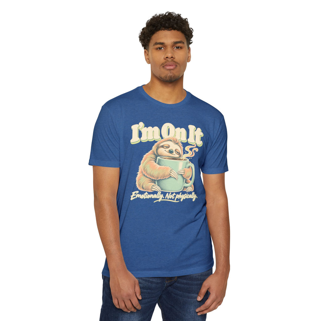Light blue graphic T-shirt with sloth holding coffee mug and 'I'm On It' lettering