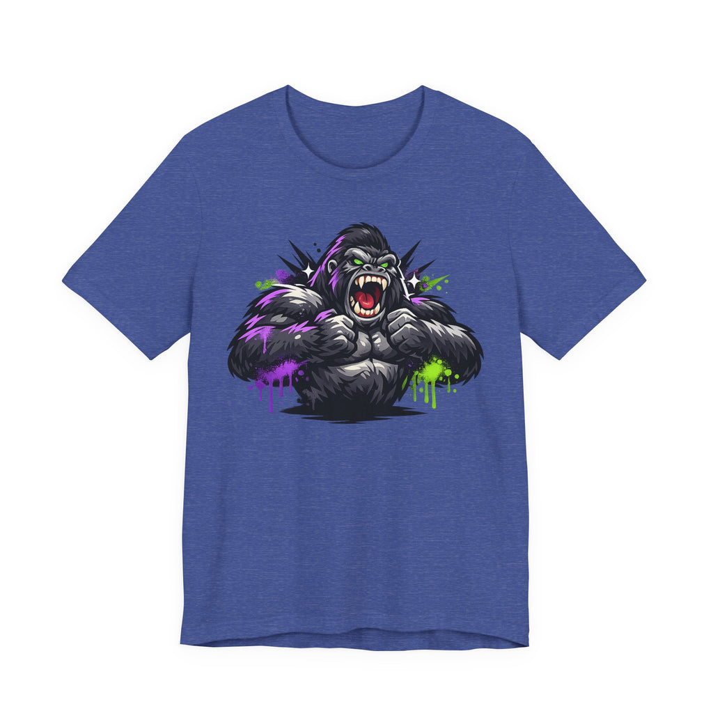 Royal blue graphic gorilla tee with roaring ape illustration and purple/green neon paint drips