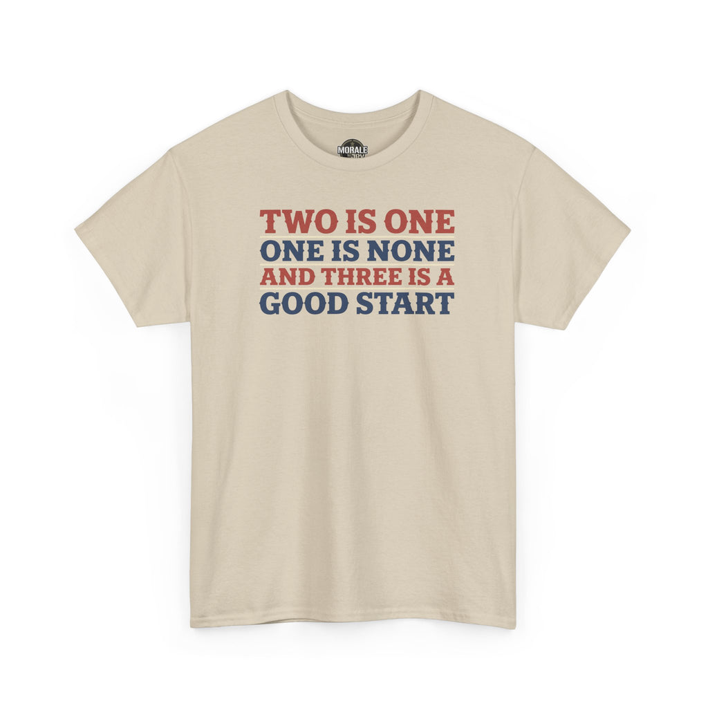 Beige T-shirt with crew neck and short sleeves, colorful slogan graphic on front