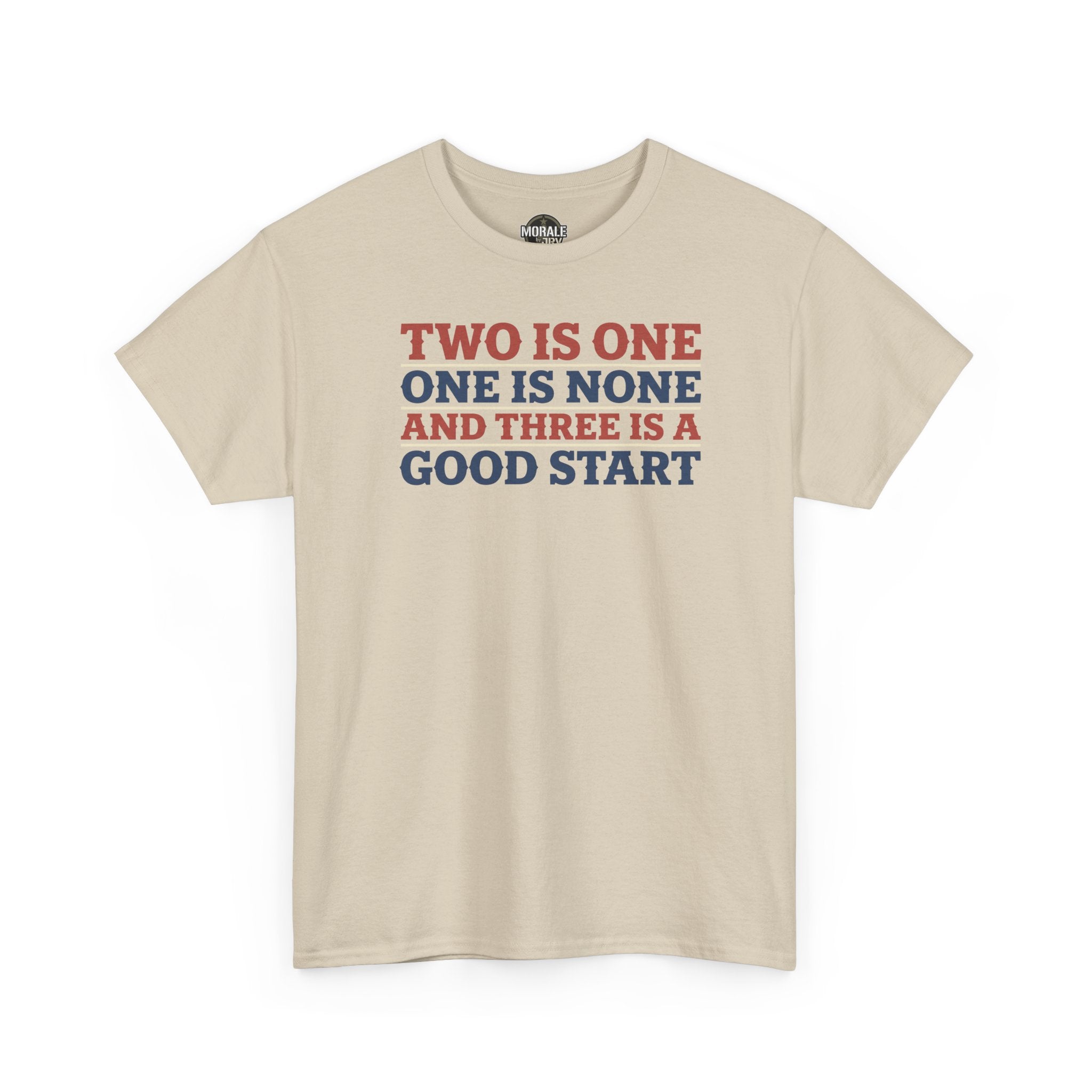Beige T-shirt with crew neck and short sleeves, colorful slogan graphic on front