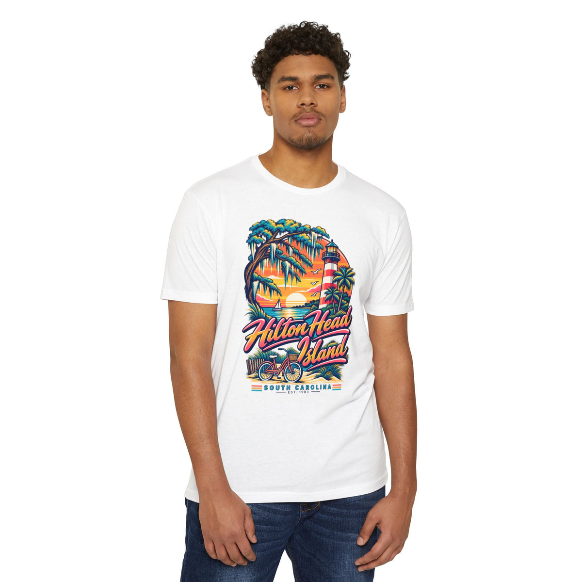 White crew-neck T-shirt with colorful circular island logo graphic