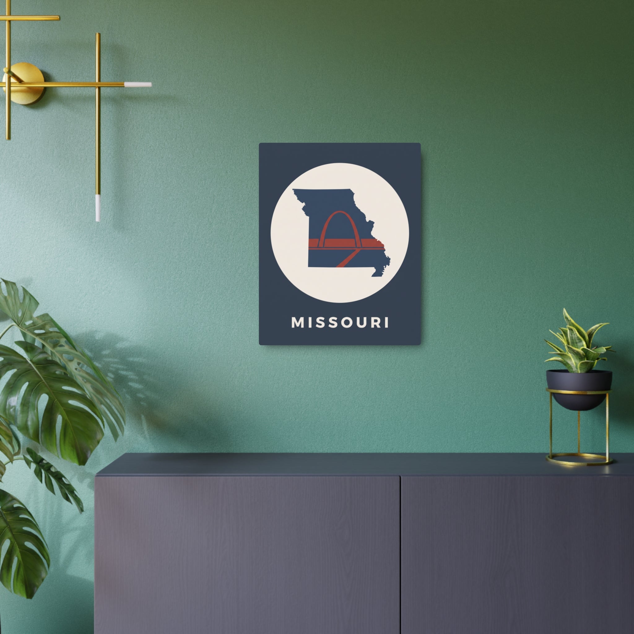 Missouri metal wall art sign showing state outline and Gateway Arch in circular badge