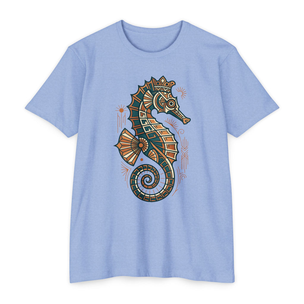 Unisex light blue T-shirt with colorful seahorse mosaic graphic on front