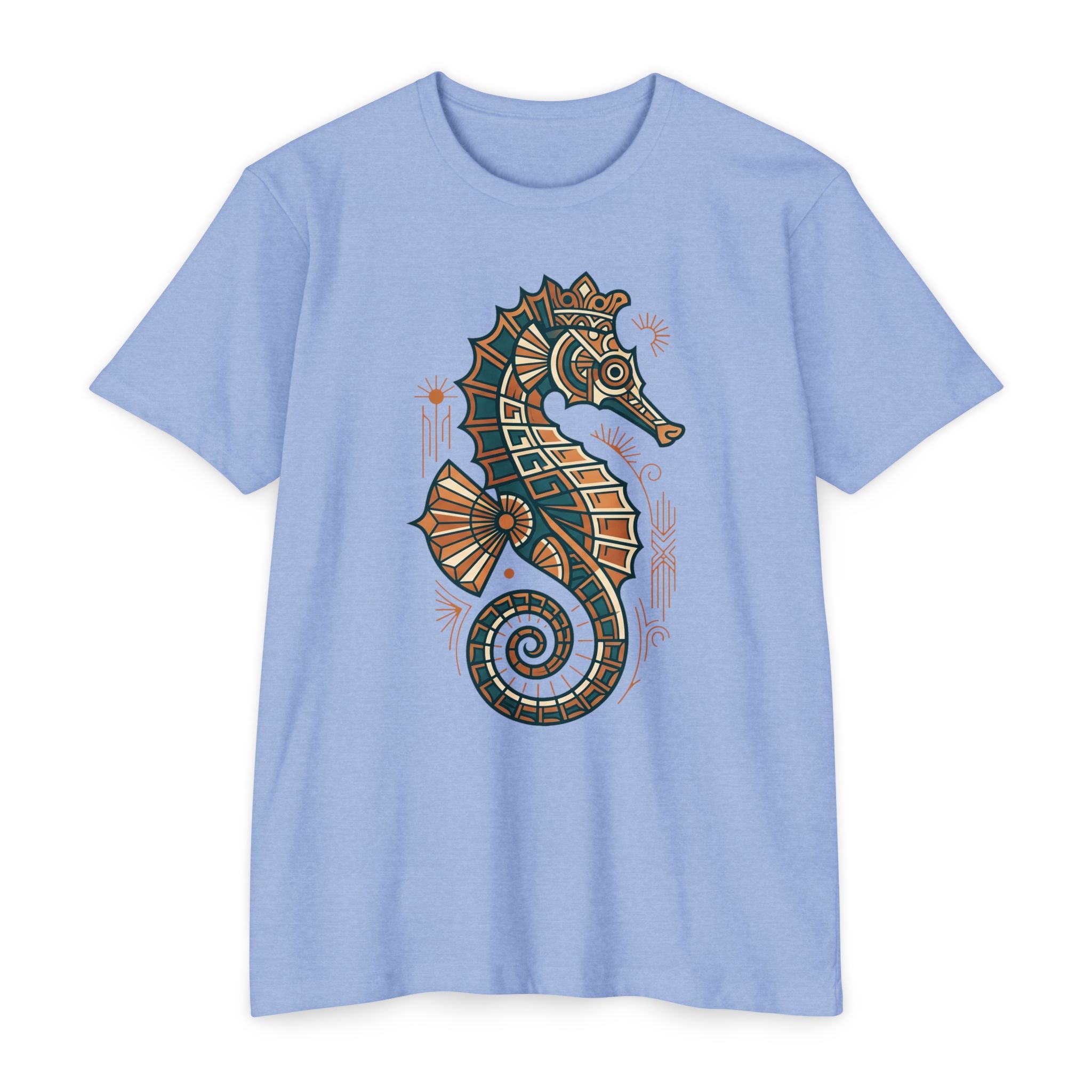 Unisex light blue T-shirt with colorful seahorse mosaic graphic on front
