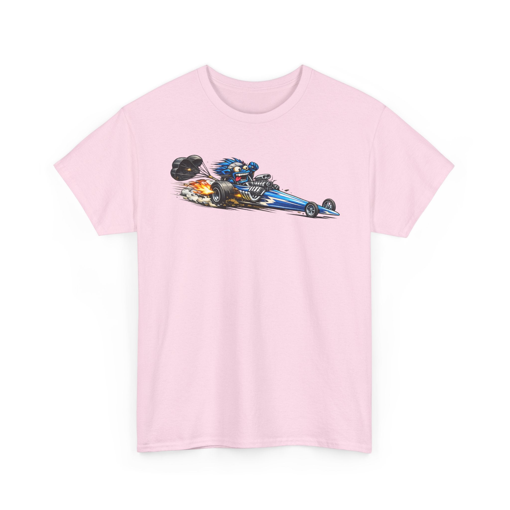 Unisex light pink graphic tee with flaming dragster car print