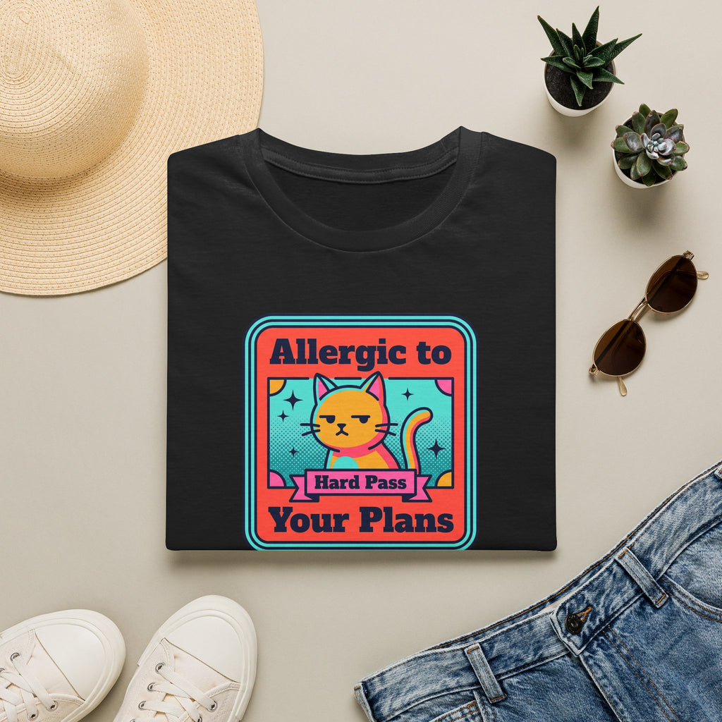Black cat graphic T-shirt with 'Allergic to Your Plans' text