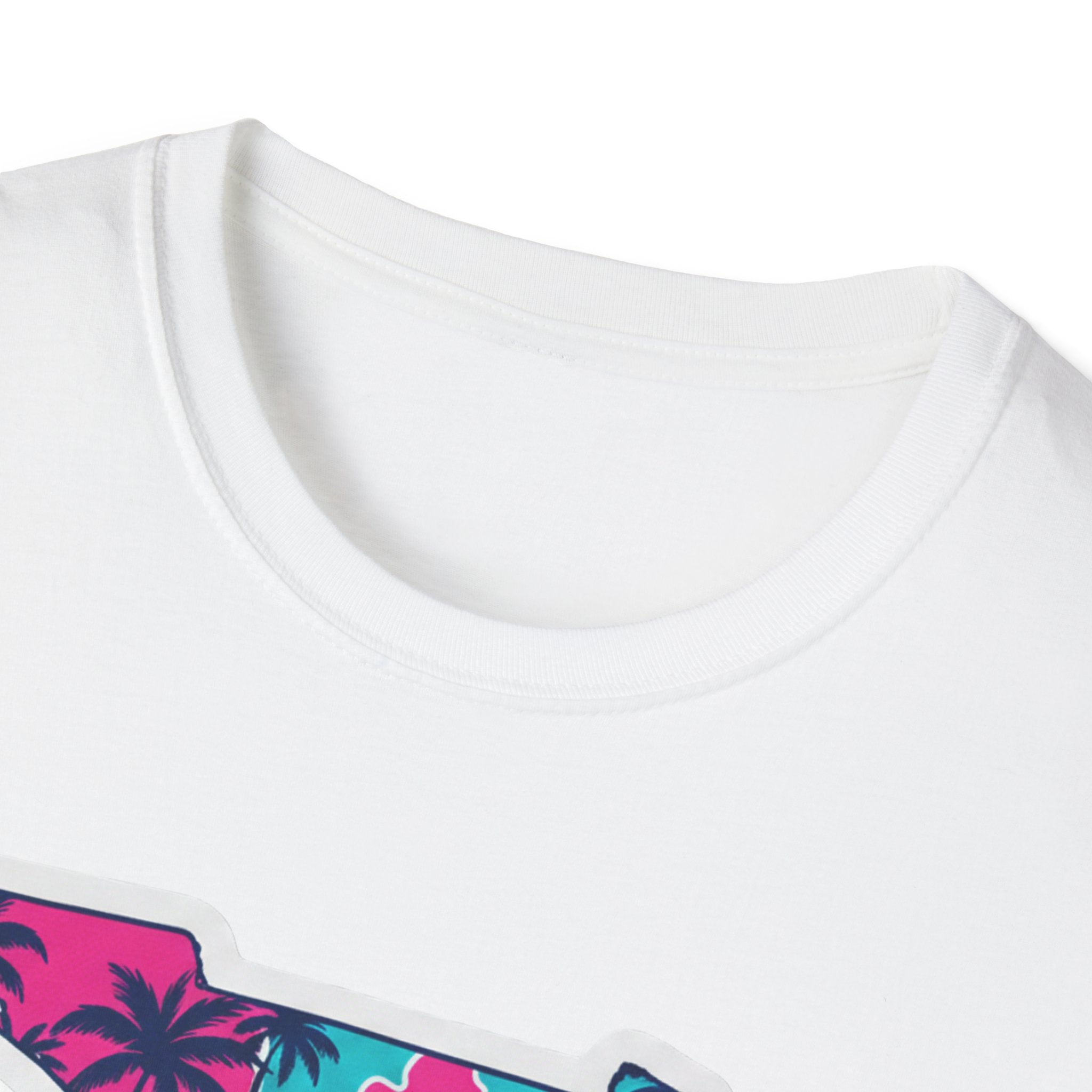 White T-shirt neckline and sleeve seam, plain fabric no visible print